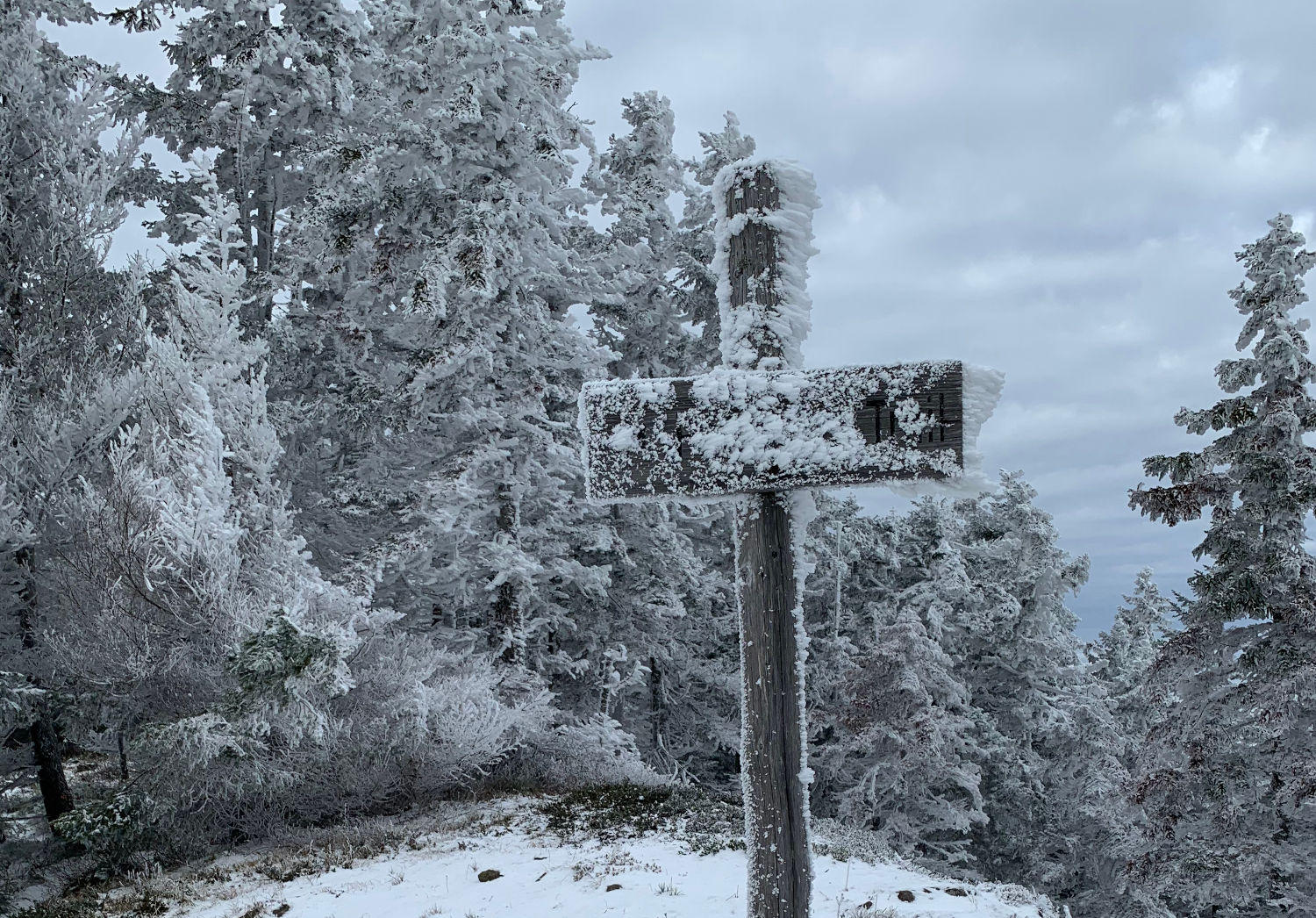 Very frosty trail sign near the summit
